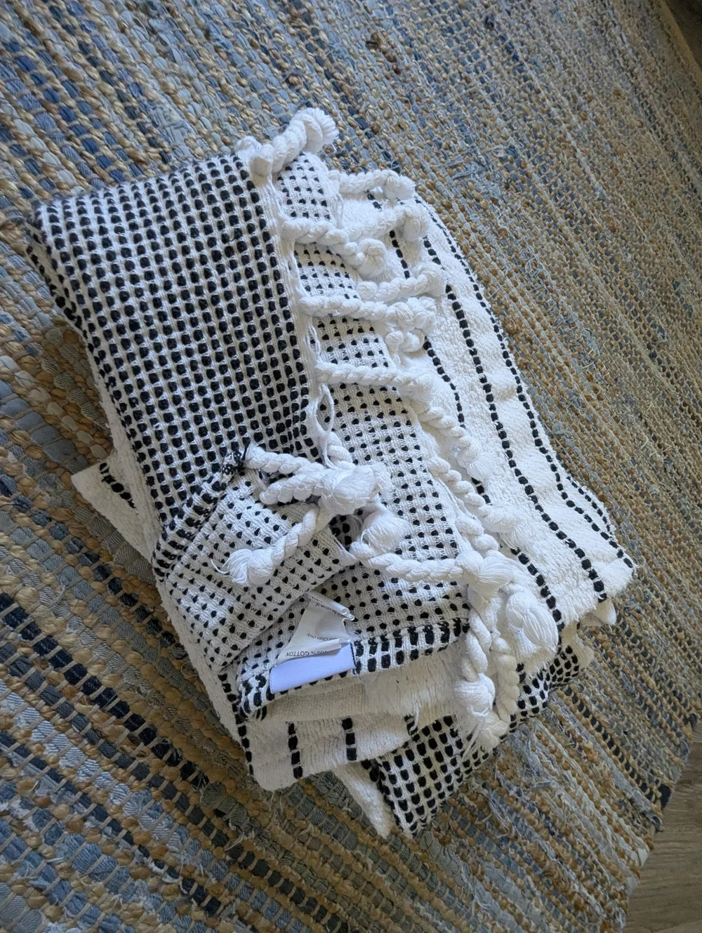Black White Striped Cotton Throw Blanket Tassel 46x70 Farmhouse Boho Textured